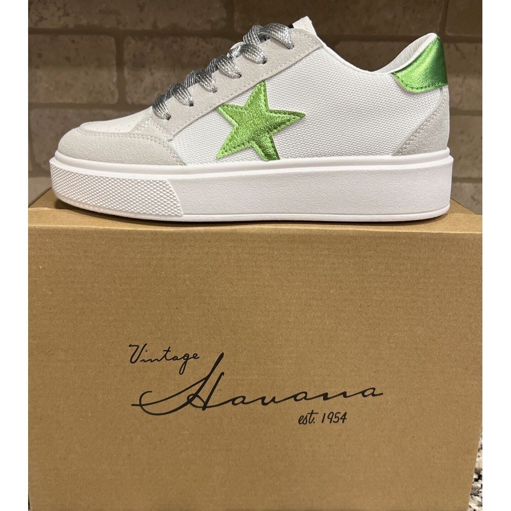 New Vintage‎ Havana Women's Lexa Green Star Sneakers Shoes White Mesh Size 7.5